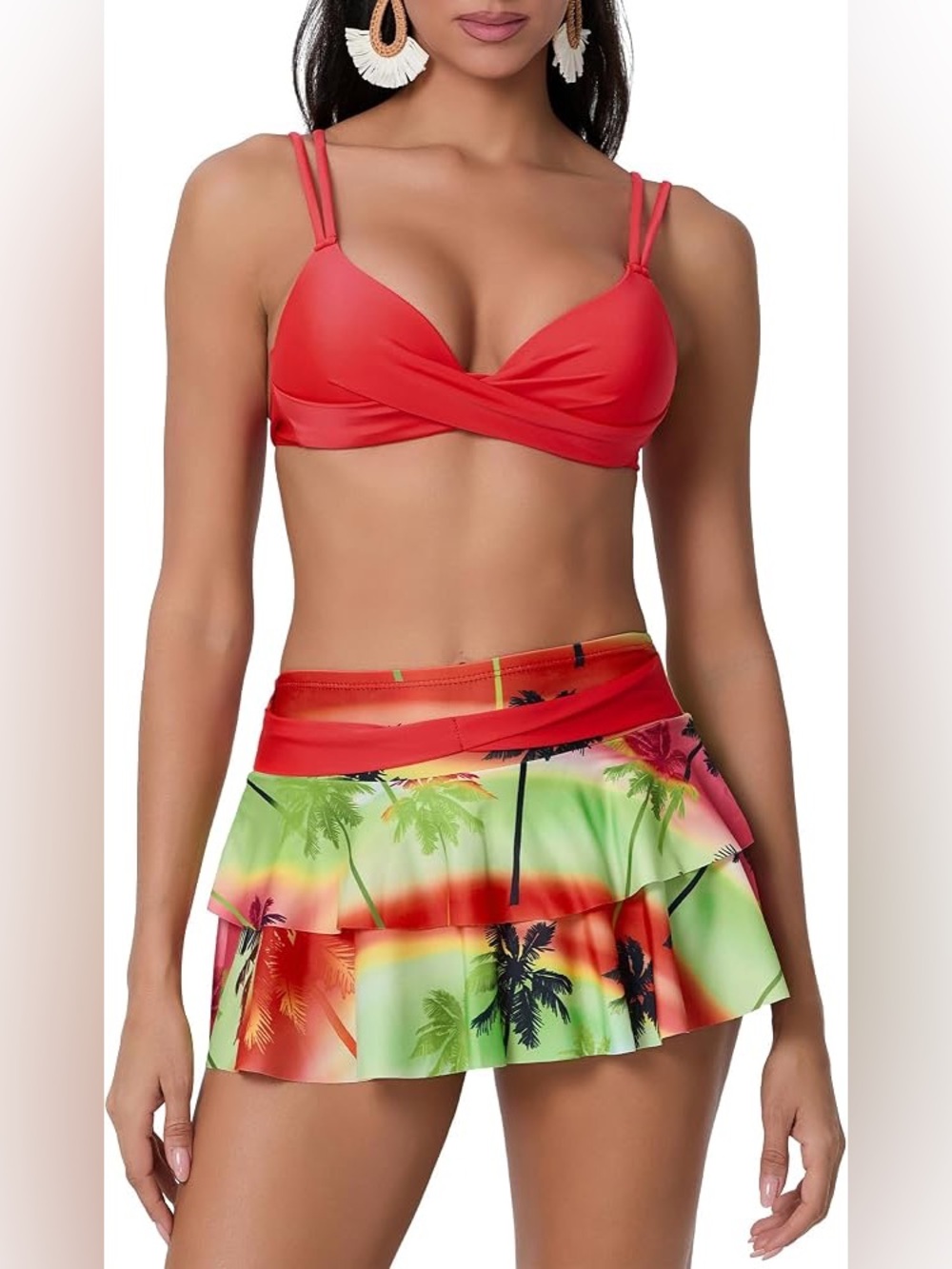 Red Bikini Top + Palm Tree Tiered Skirt Bottom Swim Set – 2XL (fits US 10-12)